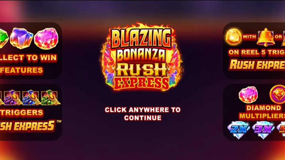 Suasana kamp tambang emas misterius dalam permainan slot Blazing Bonanza Rush Express