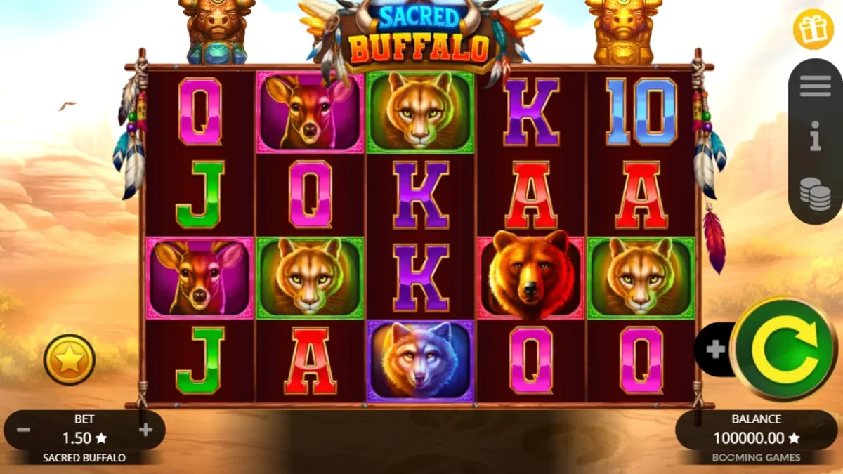 Pemandangan padang rumput Wild West dengan simbol totem kerbau dalam slot Sacred Buffalo.