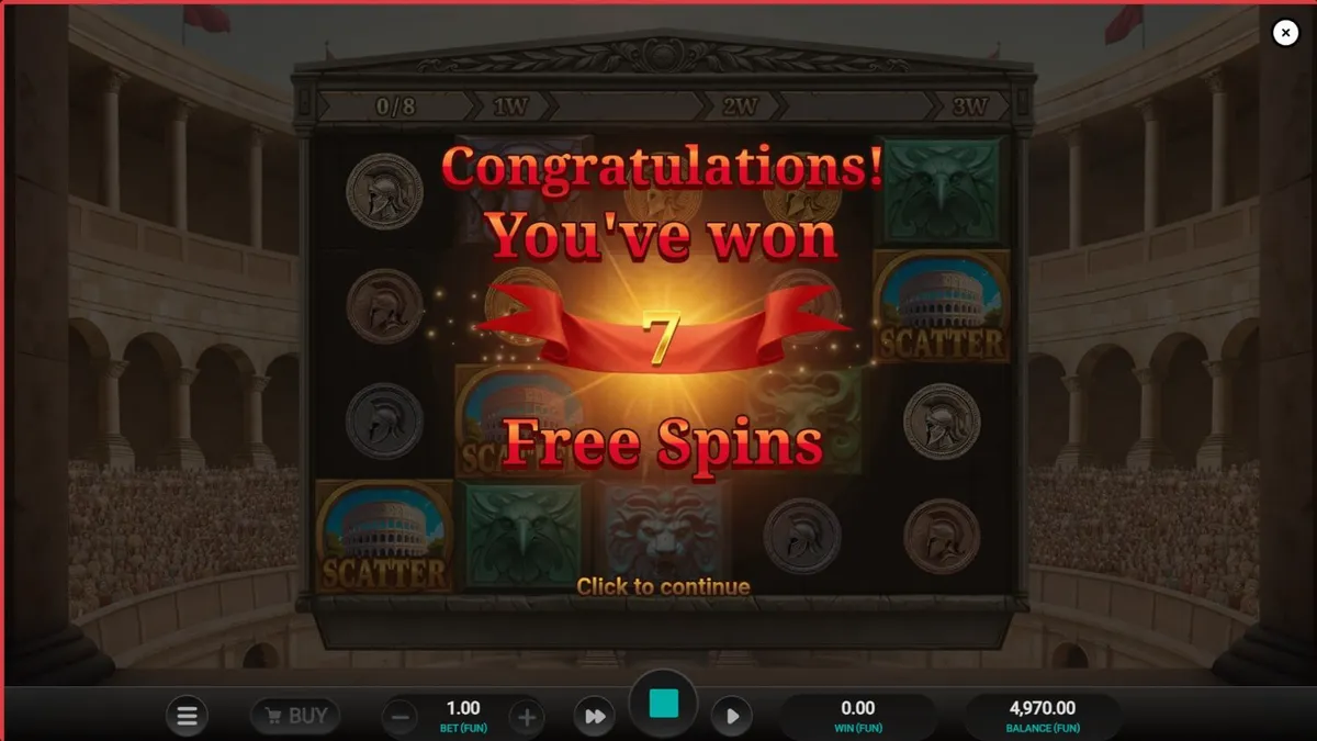 Tampilan visual slot Arena of Fortune dengan latar belakang Colosseum dan simbol gladiator.